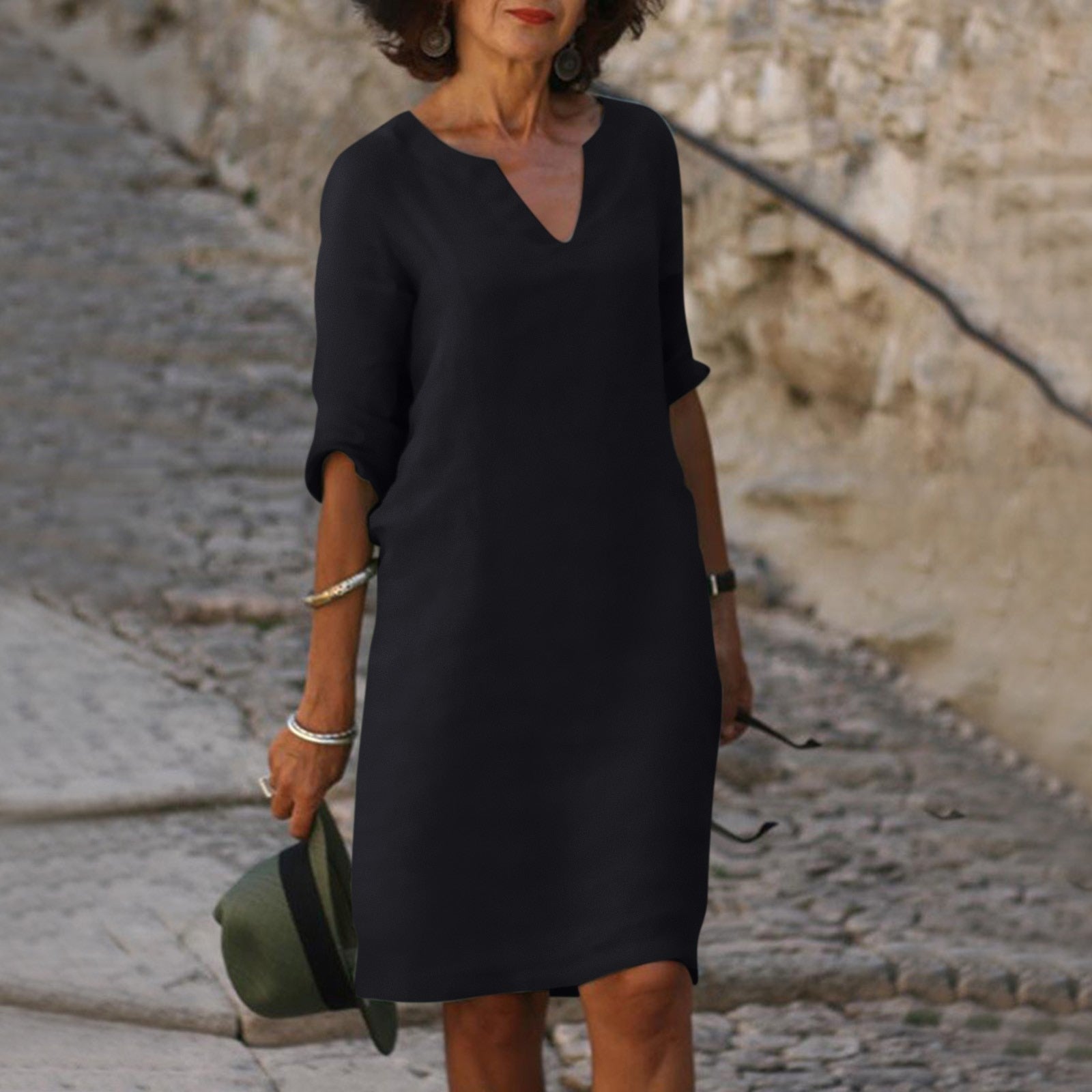 Linen-Blend Shift Dress with V-Neckline