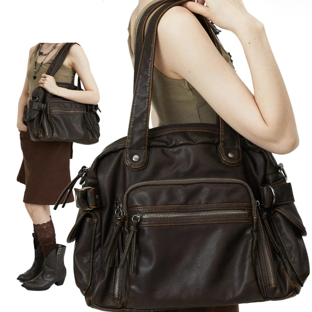 Shoulder Bag in Faux Leather with Multiple Zip Pockets