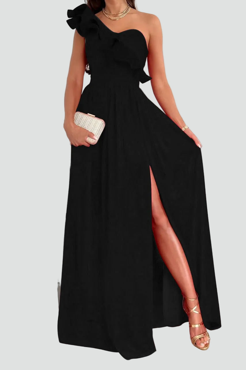 One-Shoulder Maxi Dress with Ruffle Detail and Side Slit