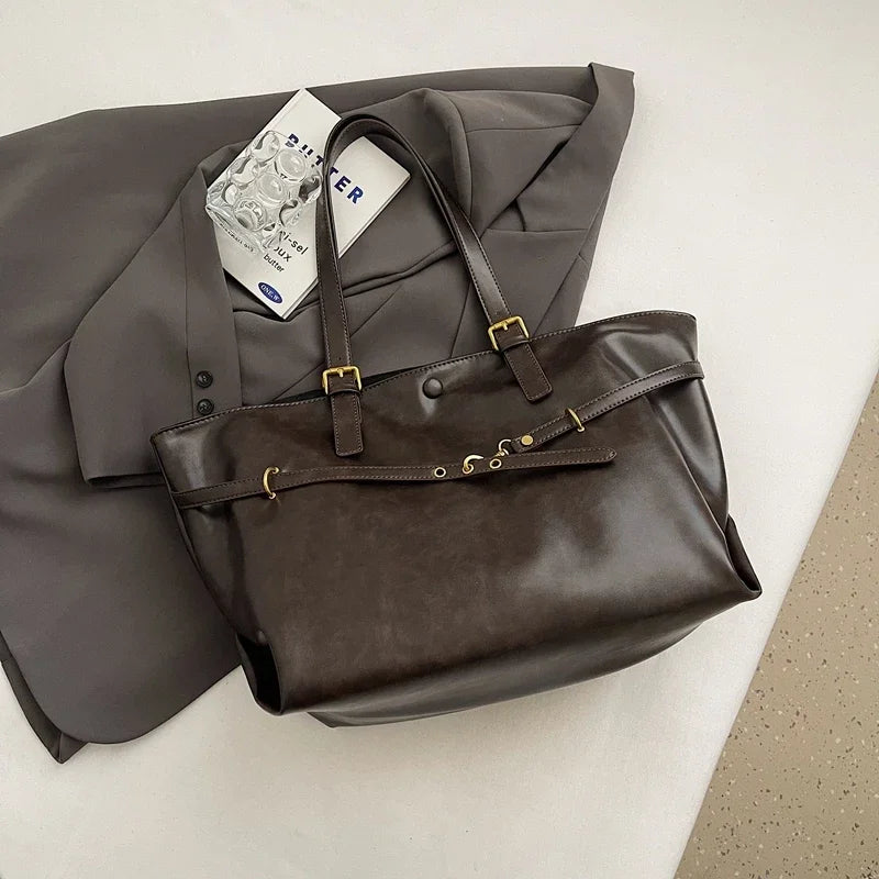 Tote Bag in Faux Leather with Crossed Buckle Strap Detail