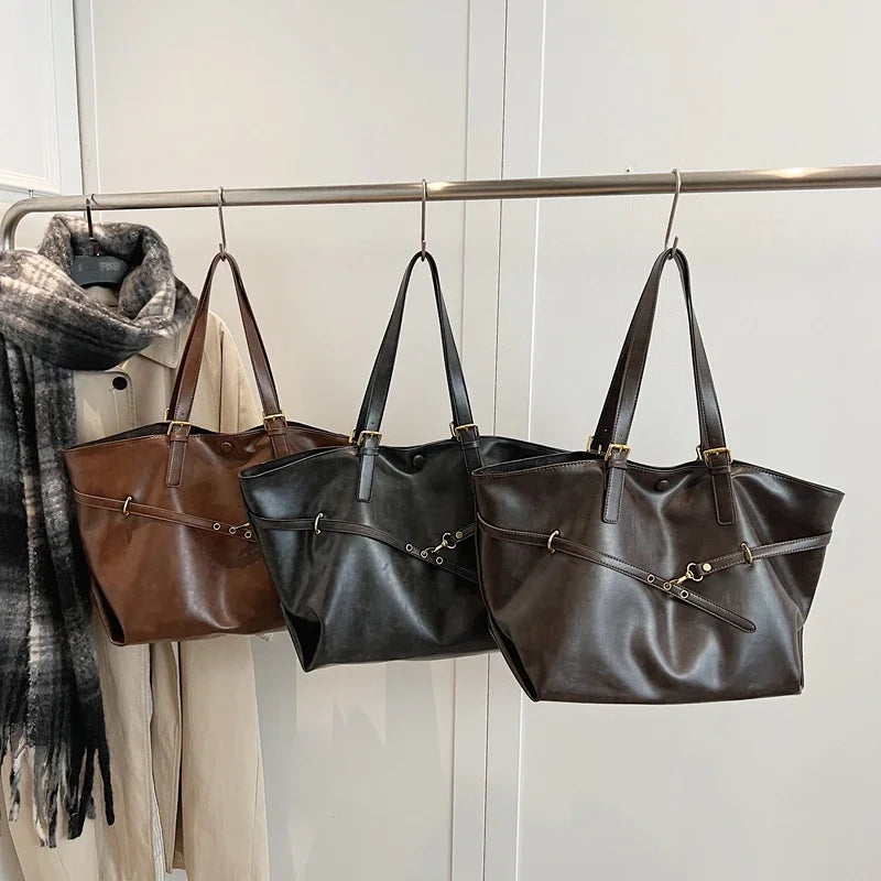 Tote Bag in Faux Leather with Crossed Buckle Strap Detail