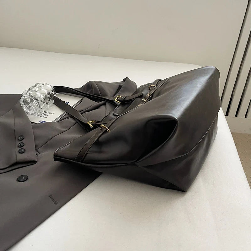 Tote Bag in Faux Leather with Crossed Buckle Strap Detail