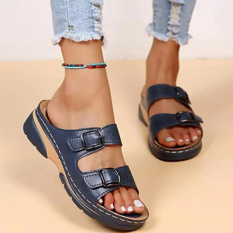 Leather Wedge Sandals with Perforated Buckle Straps