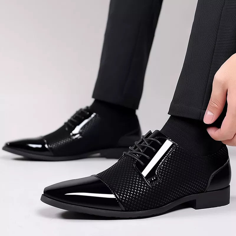 Patent Cap-Toe Oxford Shoes with Textured Upper