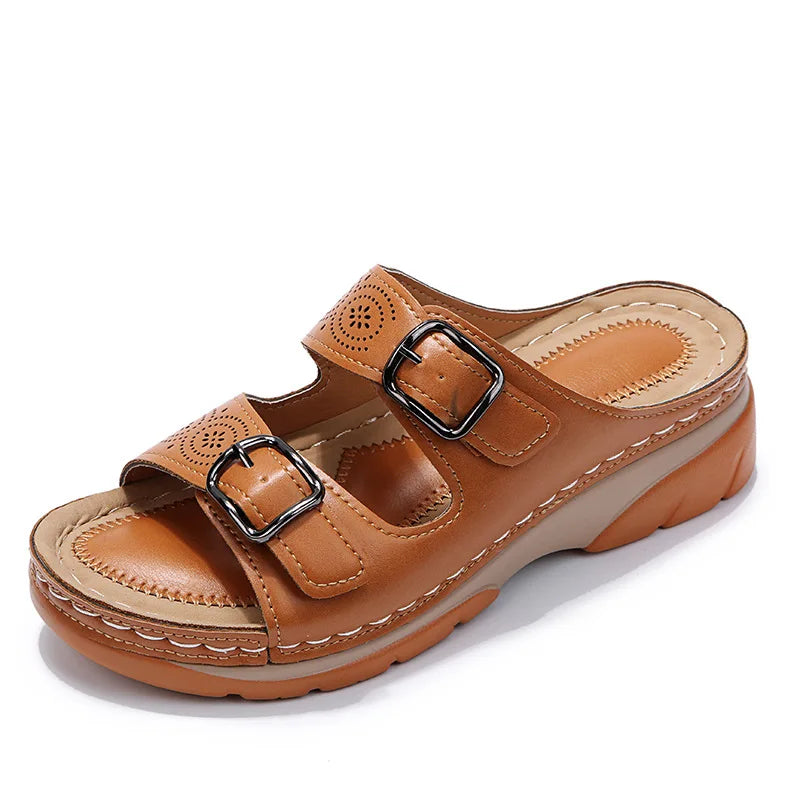 Leather Wedge Sandals with Perforated Buckle Straps