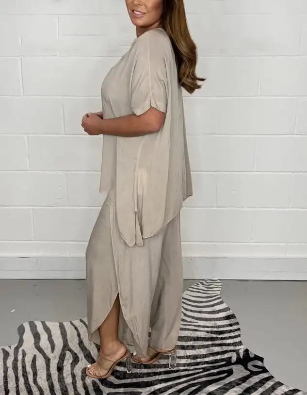 Ensemble deux pièces pour femme en mélange de lin, avec top et pantalon large