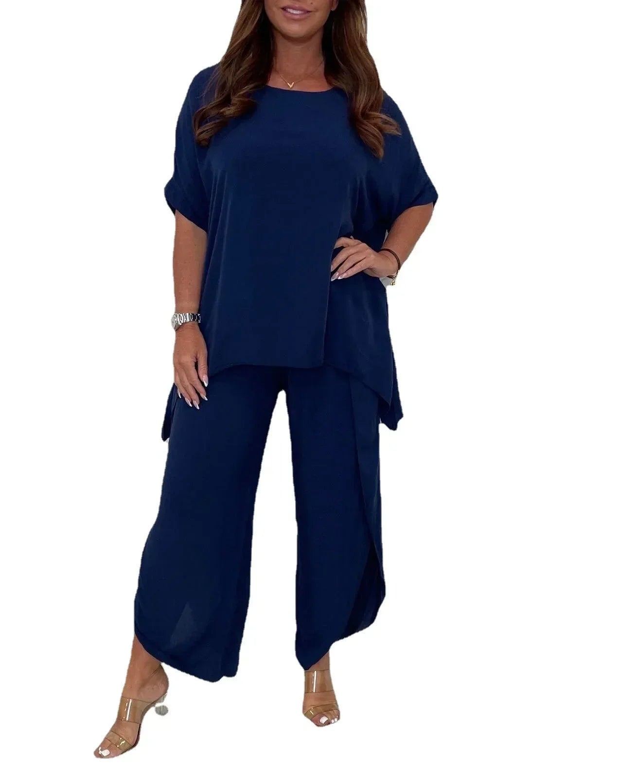 Ensemble deux pièces pour femme en mélange de lin, avec top et pantalon large