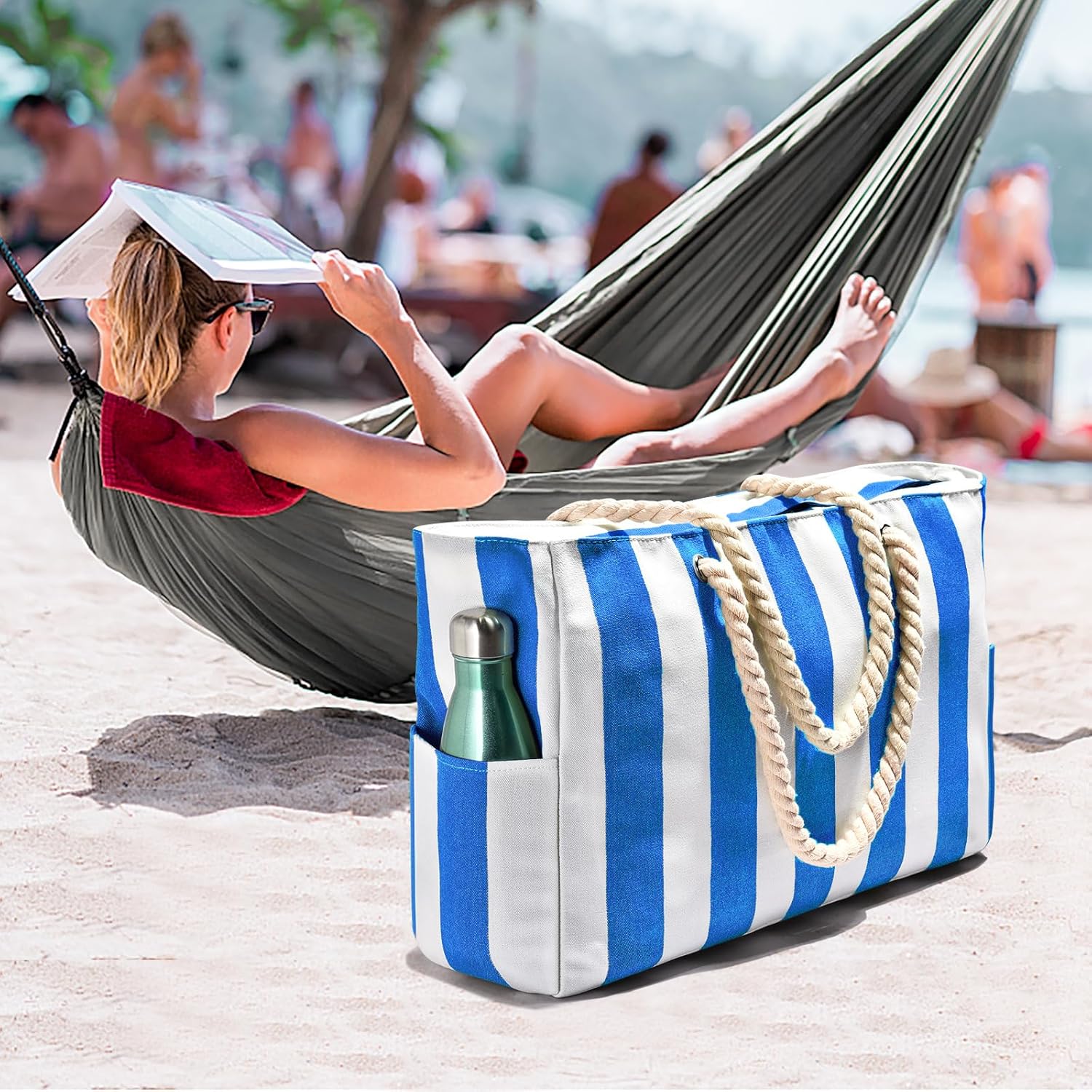 Striped Canvas Tote Bag with Rope Handles