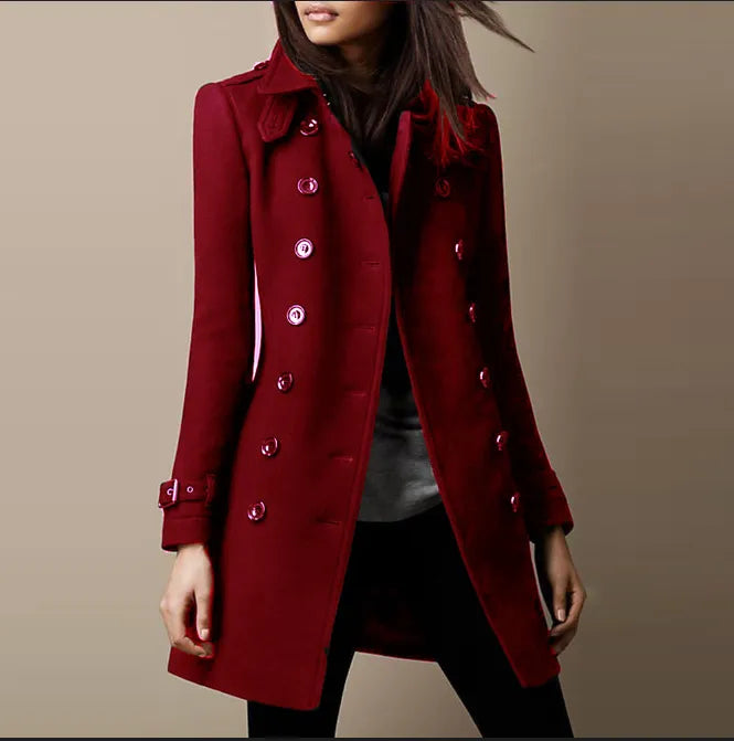 Damski długi płaszcz o kroju krawieckim, dwurzędowy
