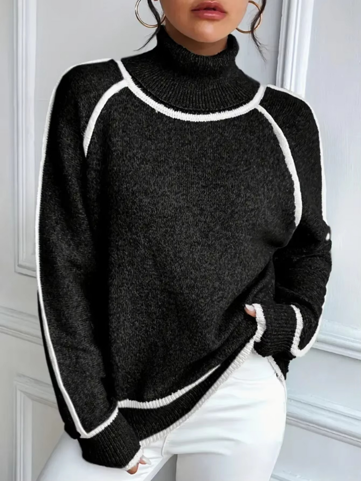 Damski oversize’owy sweter z golfem | Prążkowany splot