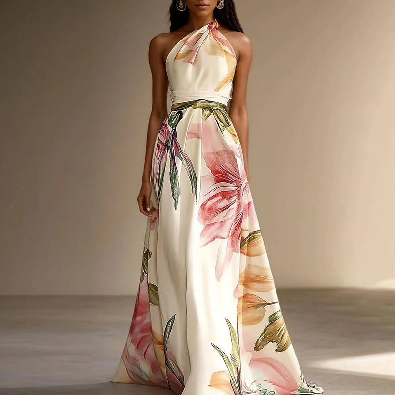 Women's Floral Halterneck Maxi Dress in Chiffon for Summer Occasions