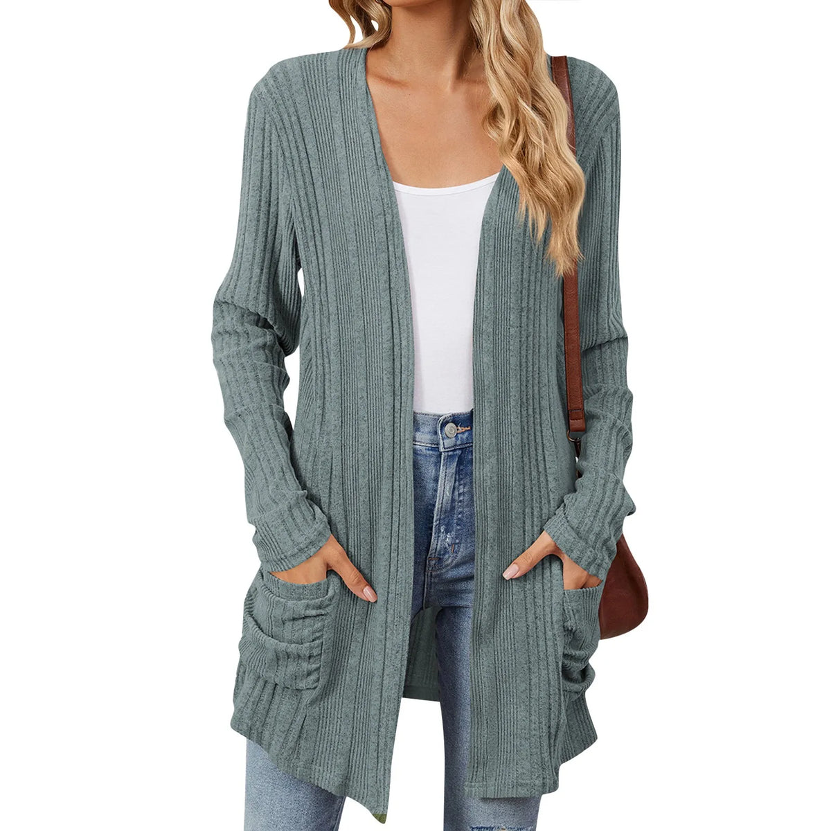 Gilet long côtelé à pans ouverts pour femme