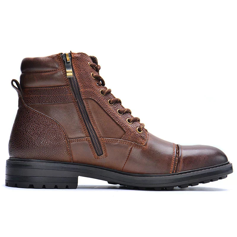 Leather Ankle Boots with Side Zip and Cap Toe