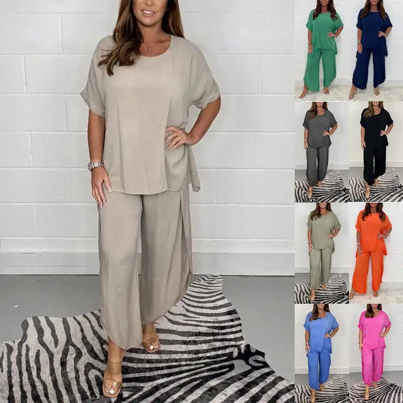 Ensemble deux pièces pour femme en mélange de lin, avec top et pantalon large