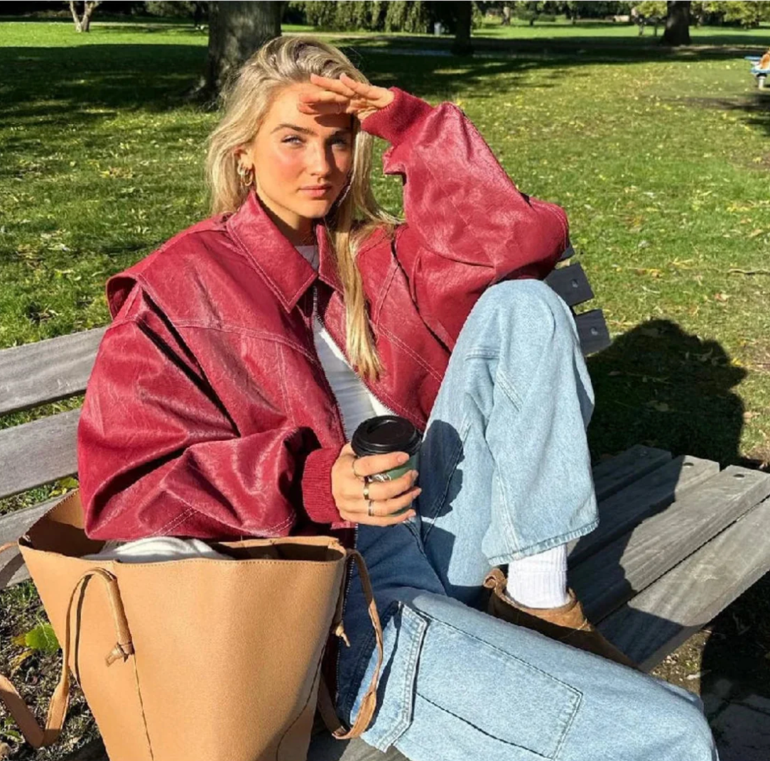 Women's Oversized Contrast Stitch Leather-Look Bomber Jacket
