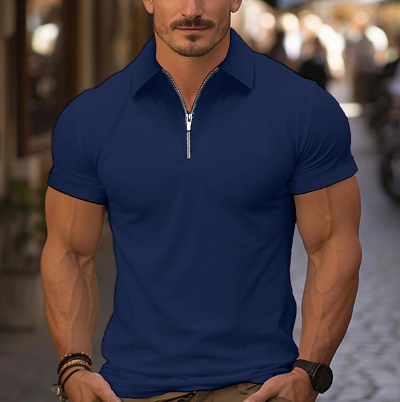 Polo pour homme à coupe ajustée, col zippé quart de fermeture