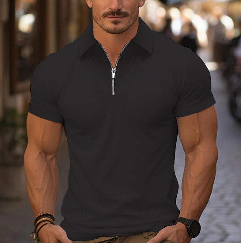 Polo pour homme à coupe ajustée, col zippé quart de fermeture