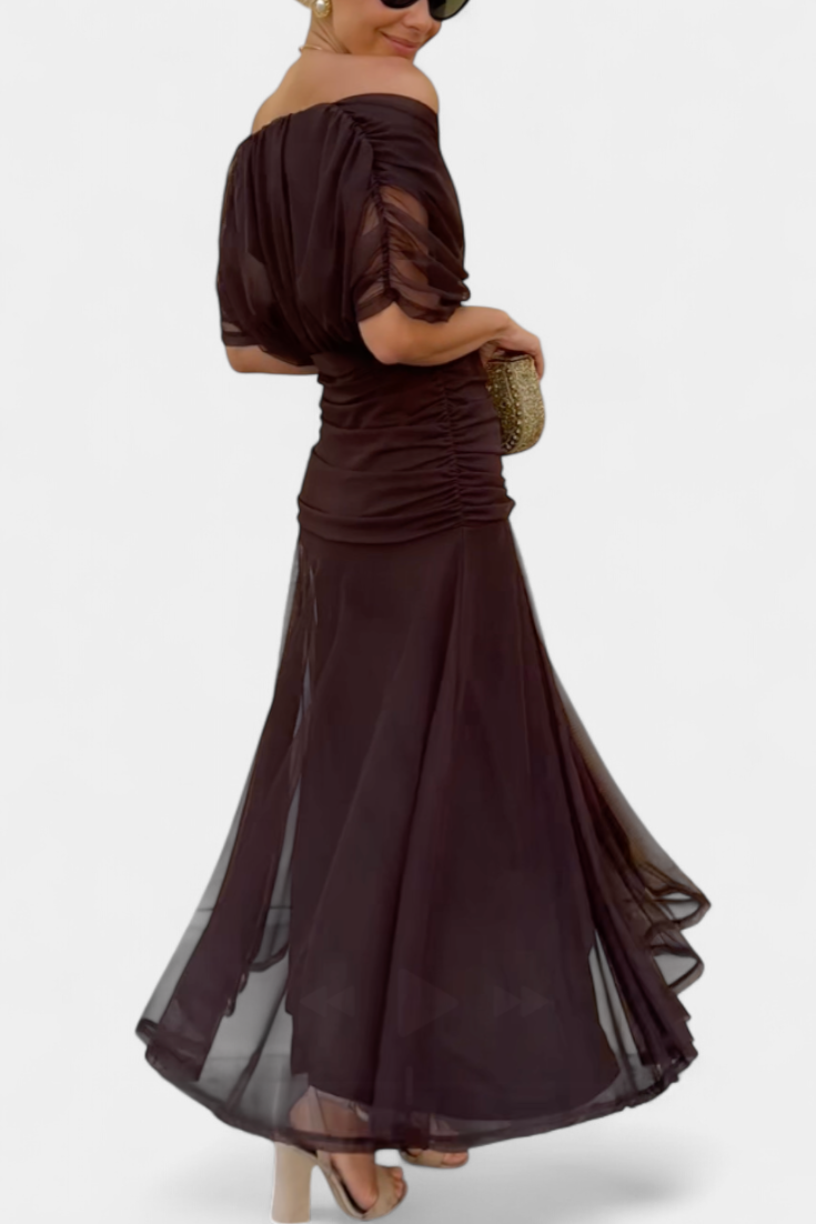 Off-Shoulder Midi Dress with Ruched Bodice