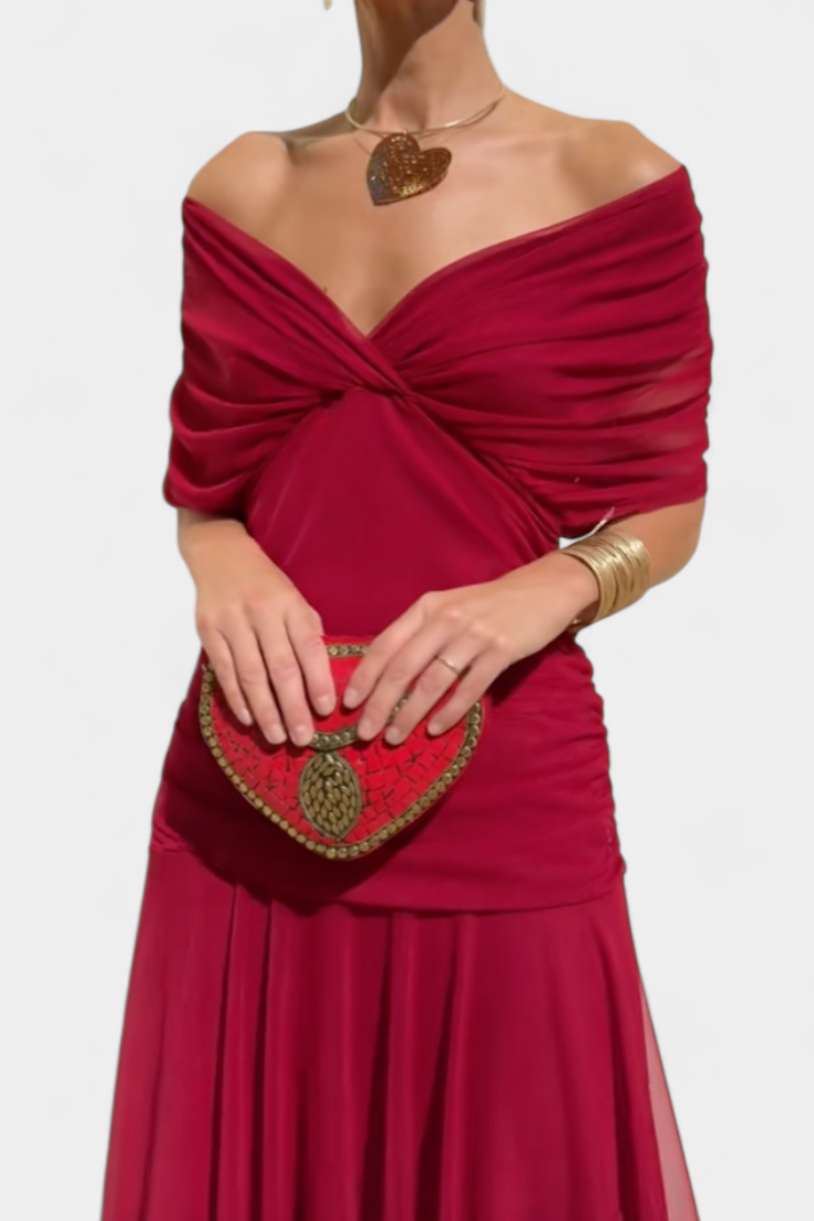 Off-Shoulder Midi Dress with Ruched Bodice