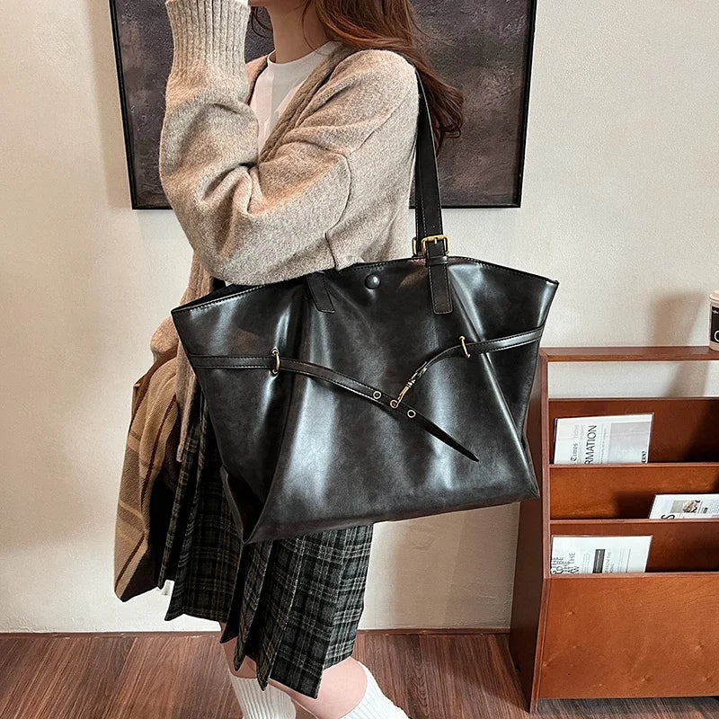 Tote Bag in Faux Leather with Crossed Buckle Strap Detail