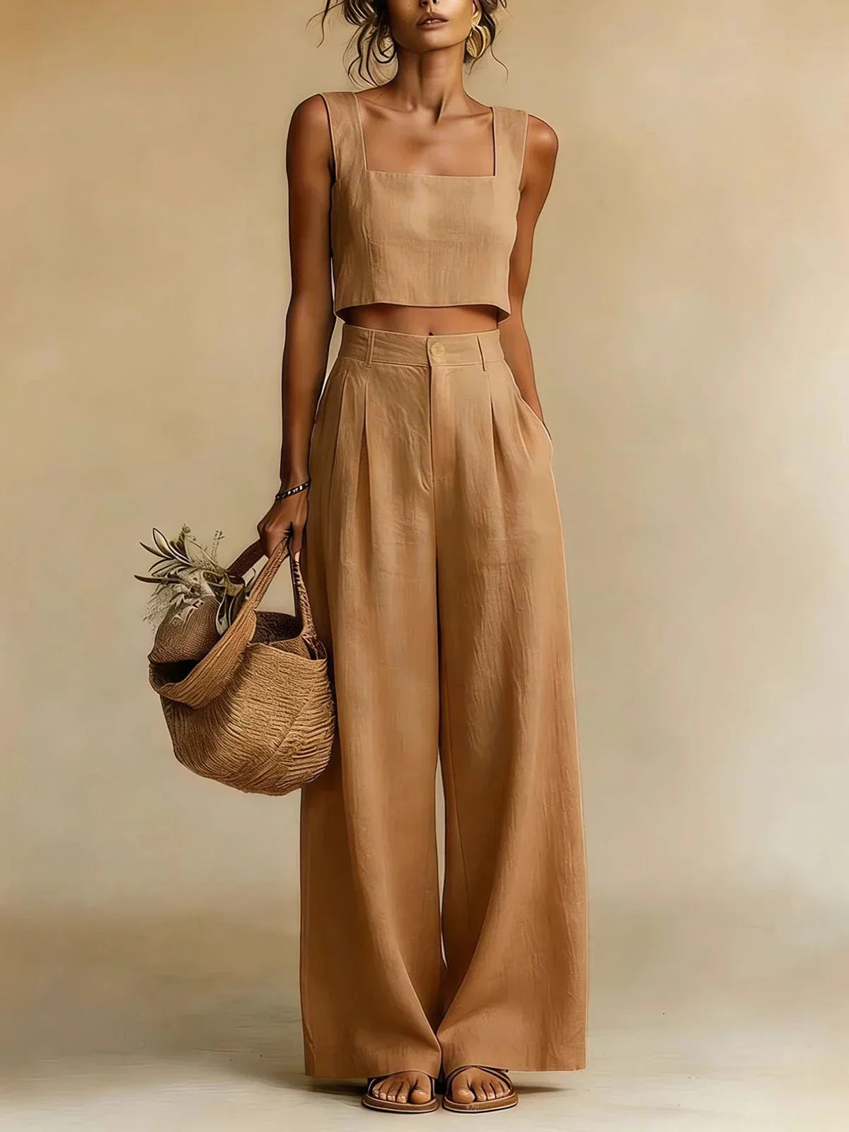 Square-Neck Crop Top and Wide-Leg Trouser Set