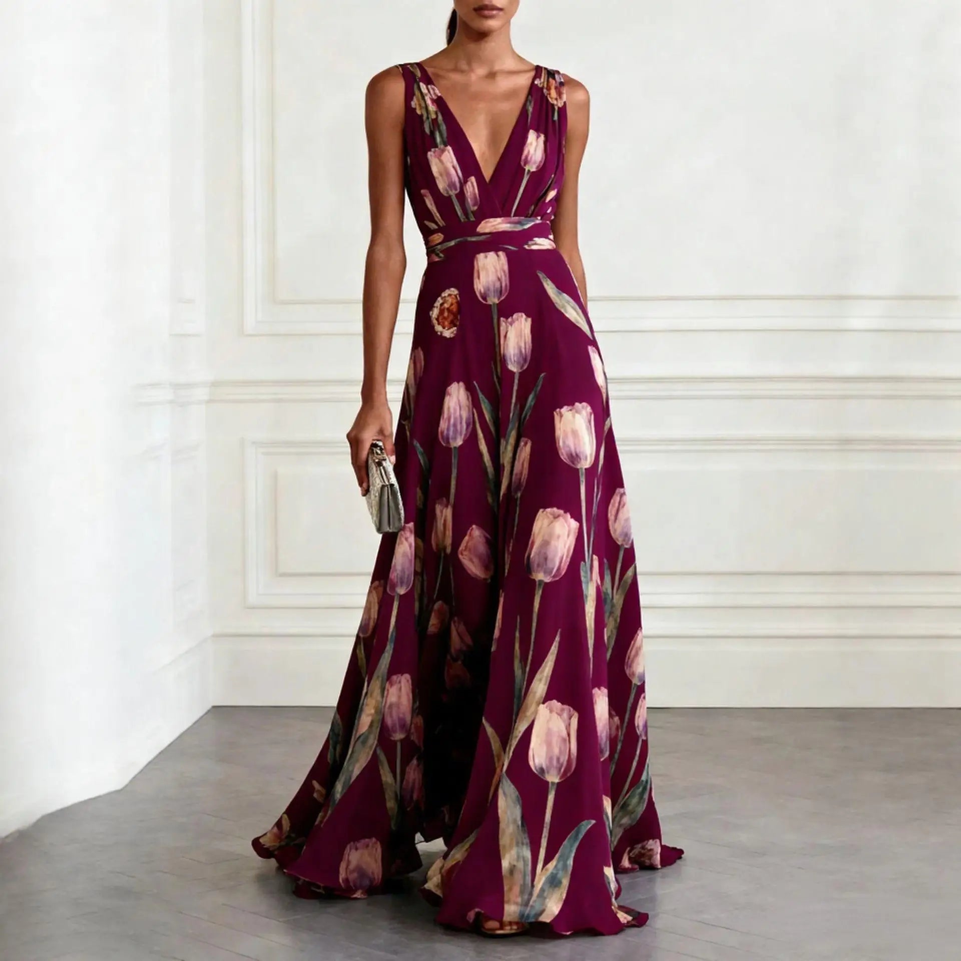 Chiffon Maxi Dress with V-Neck and Flutter Sleeves