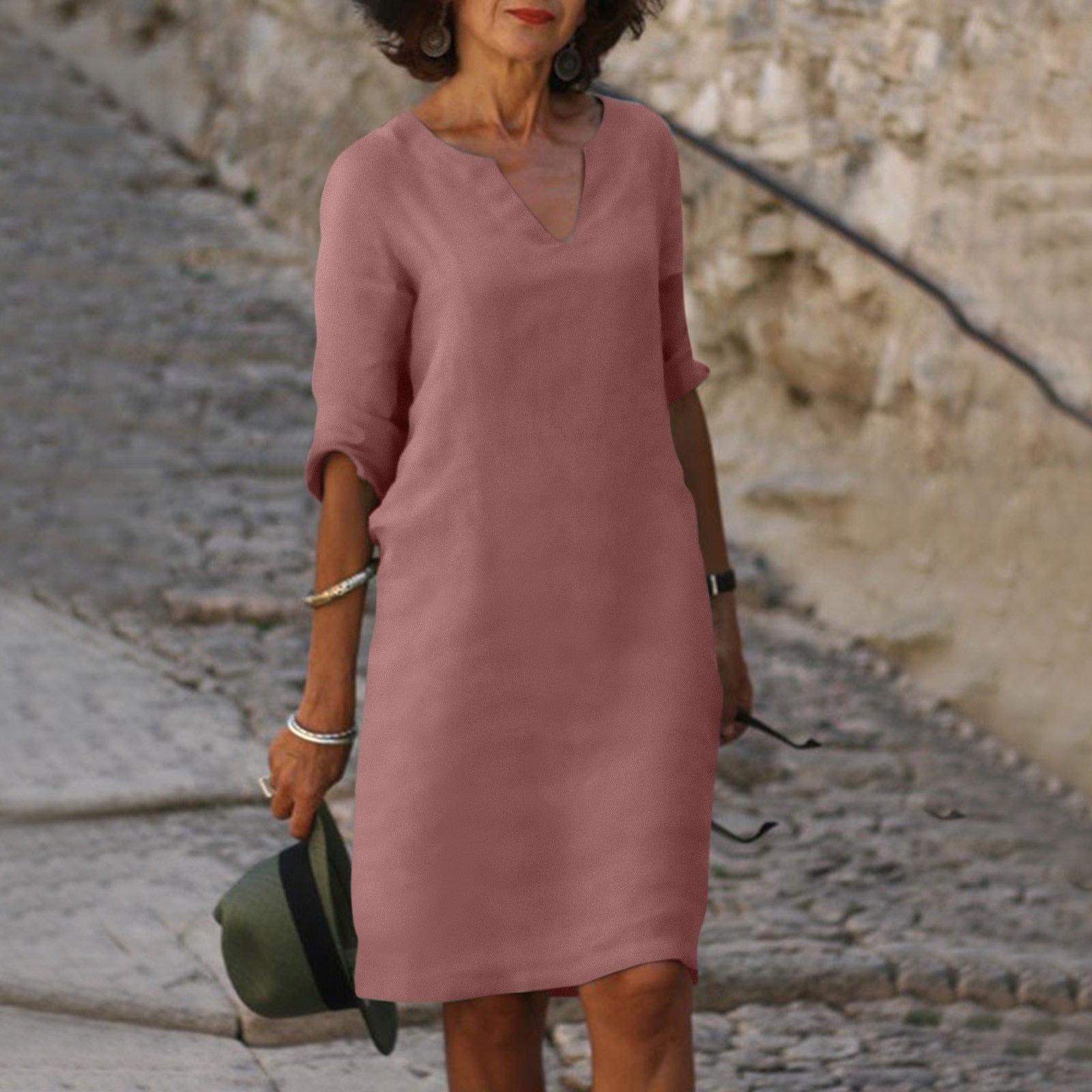 Linen-Blend Shift Dress with V-Neckline