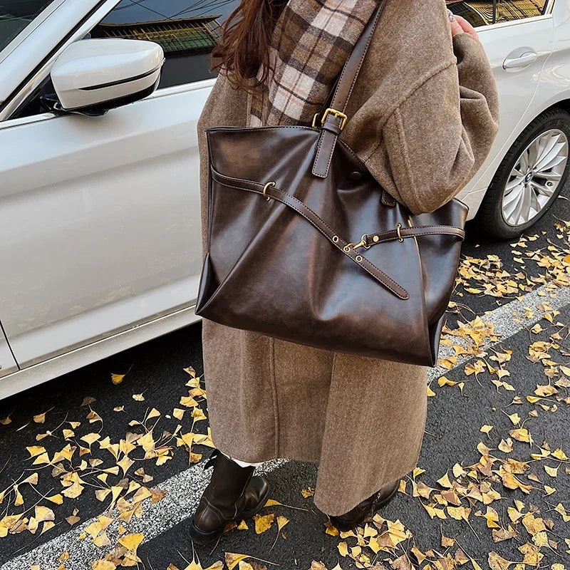 Tote Bag in Faux Leather with Crossed Buckle Strap Detail