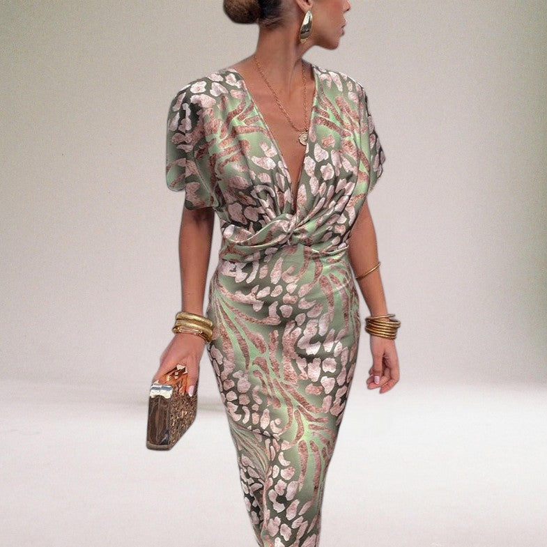 Printed Maxi Dress with Deep V-Neck and Kimono Sleeves