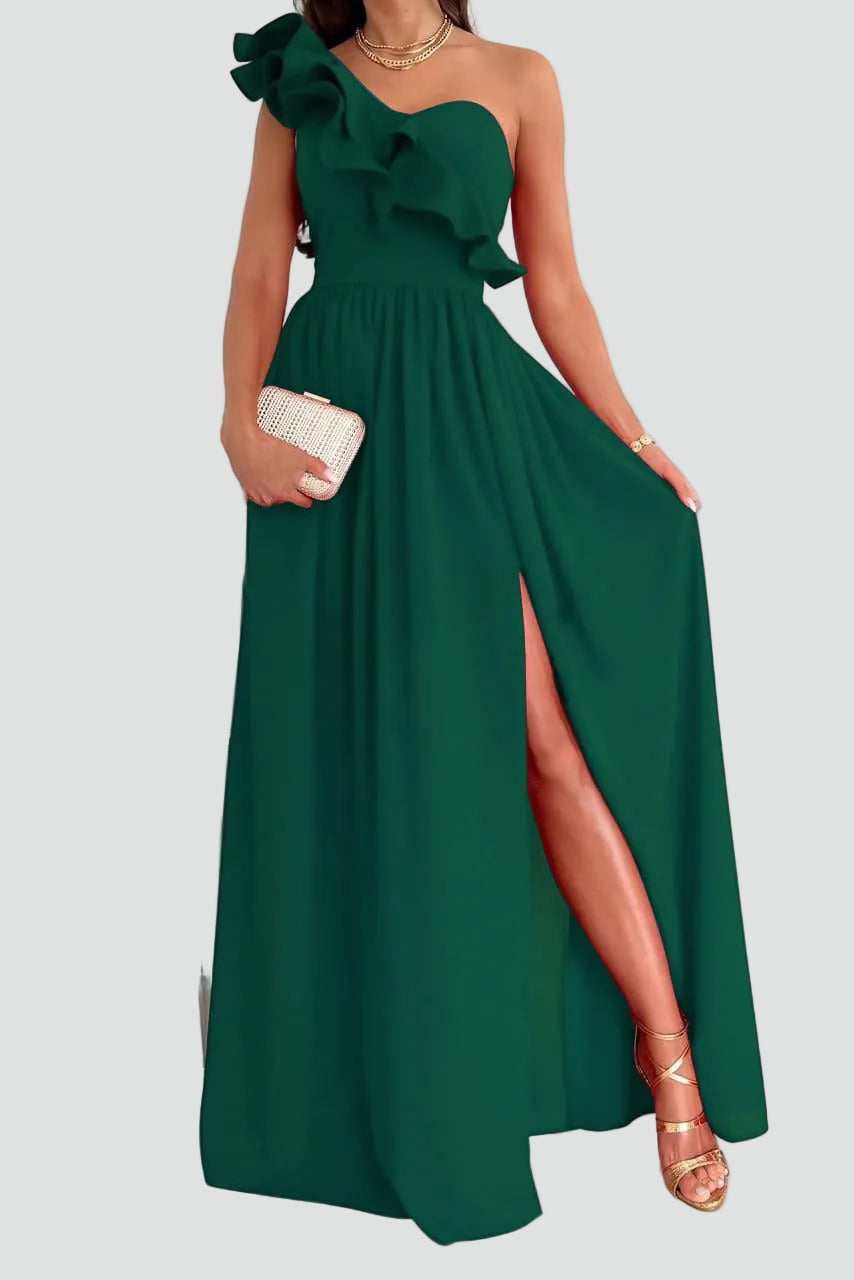 One-Shoulder Maxi Dress with Ruffle Detail and Side Slit