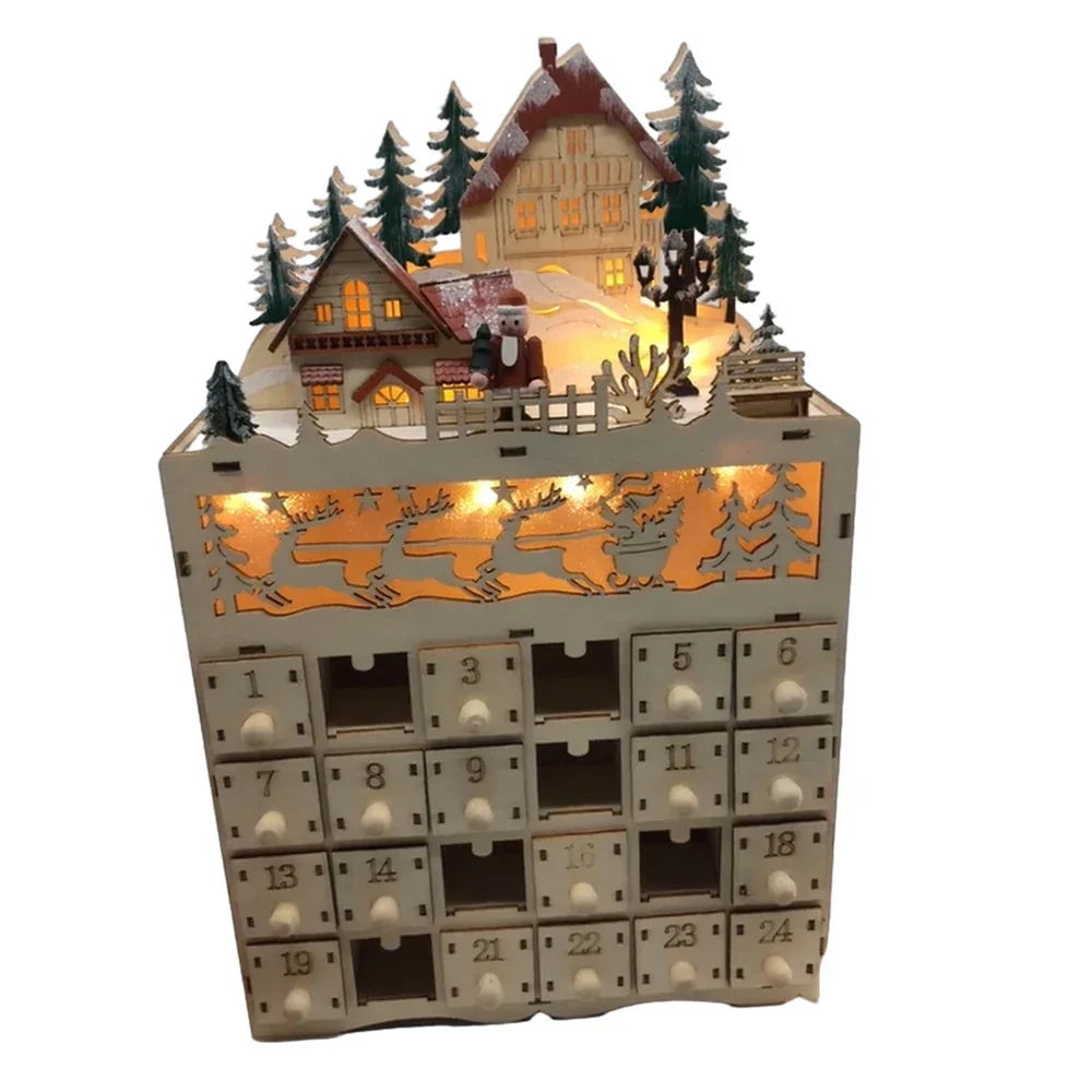 Calendrier de l’Avent en bois avec scène de village de rennes lumineuse