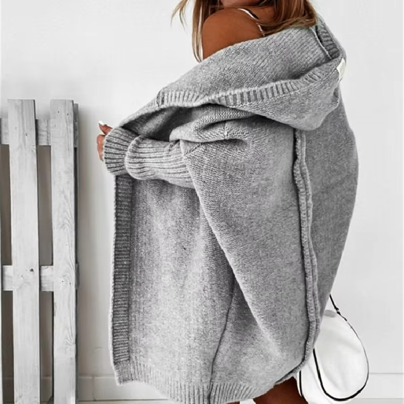 Cardigan en maille à capuche pour femme avec manches chauve-souris