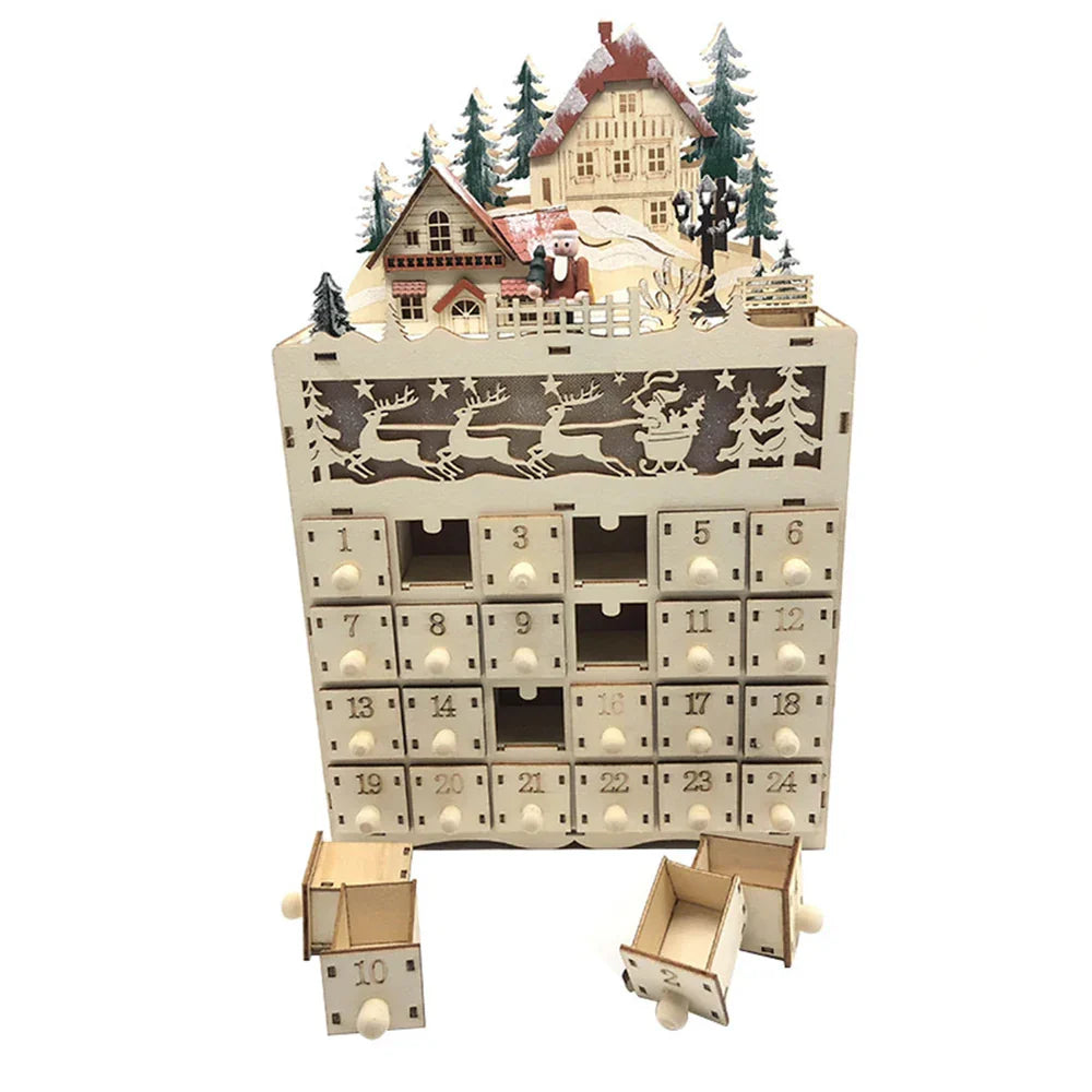 Calendrier de l’Avent en bois avec scène de village de rennes lumineuse