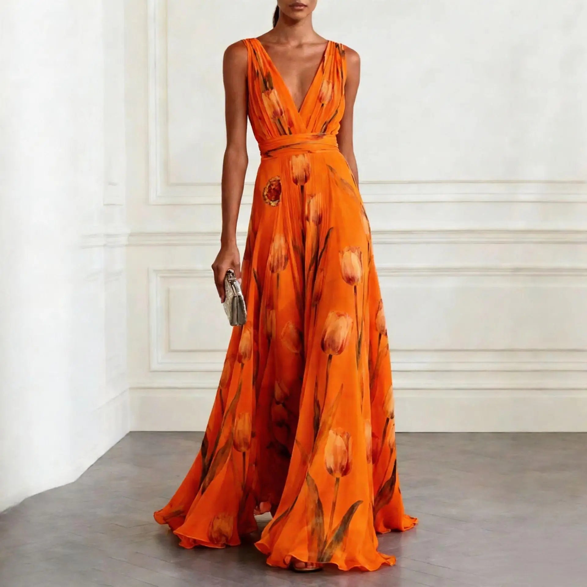 Chiffon Maxi Dress with V-Neck and Flutter Sleeves
