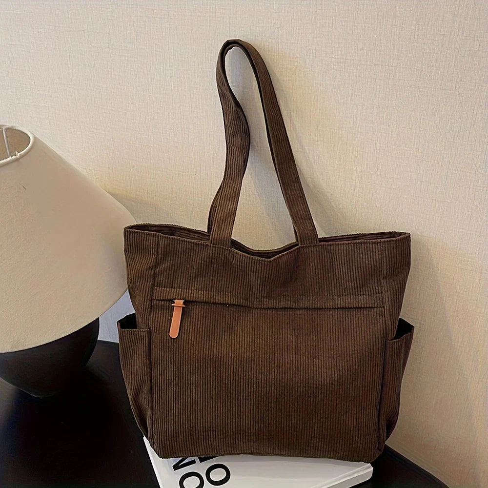 Tote Bag in Corduroy with Side Pocket for Everyday Use