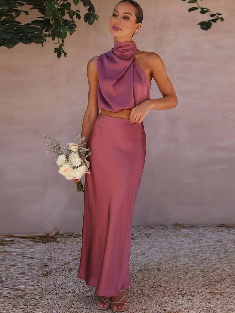 Women's Satin Halter Top & Maxi Skirt Co-Ord Set