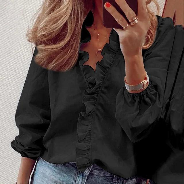 Ruffle-Trim Blouse with V-Neckline