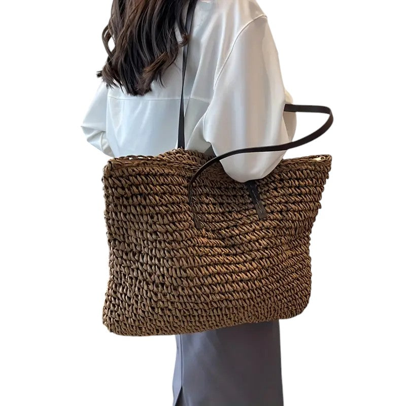 Woven Straw Tote Bag with Leather Straps