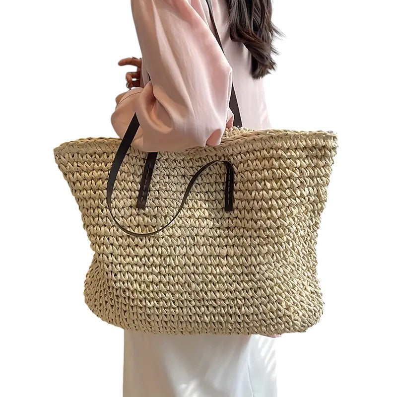 Woven Straw Tote Bag with Leather Straps