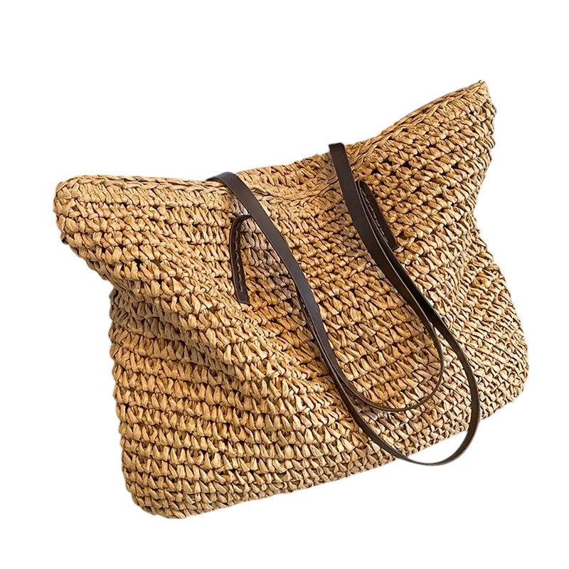 Woven Straw Tote Bag with Leather Straps