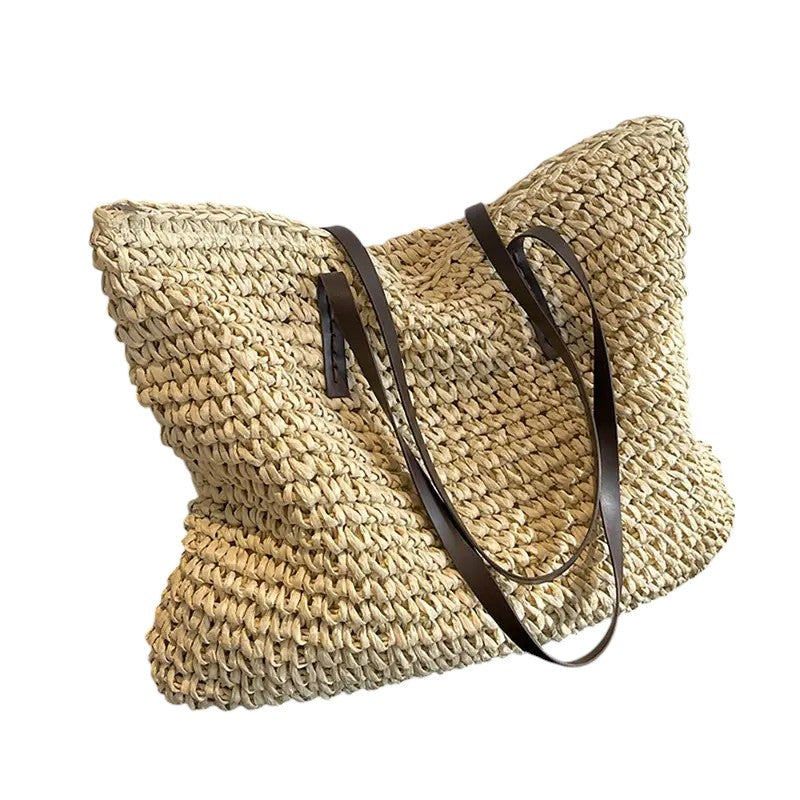 Woven Straw Tote Bag with Leather Straps