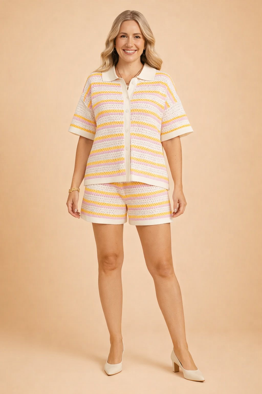 Striped Knit Polo Top and Shorts Co-Ord Set