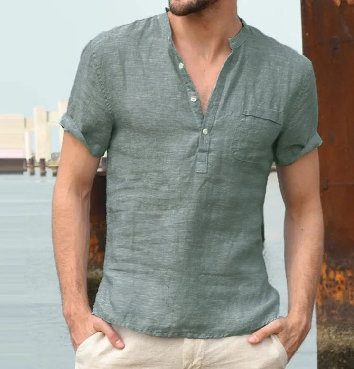 Men's Cotton Linen Henley Shirt for Summer
