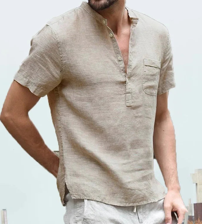 Men's Cotton Linen Henley Shirt for Summer