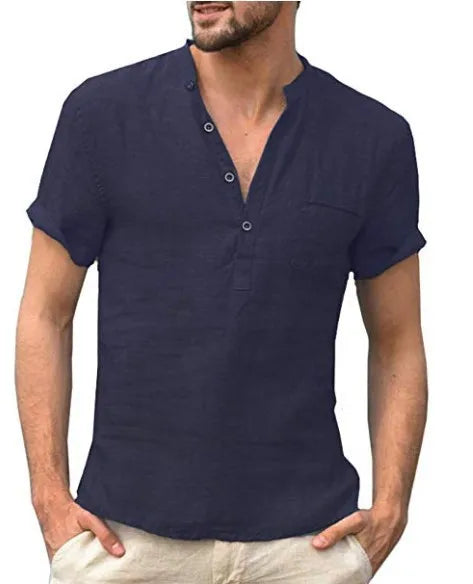 Men's Cotton Linen Henley Shirt for Summer
