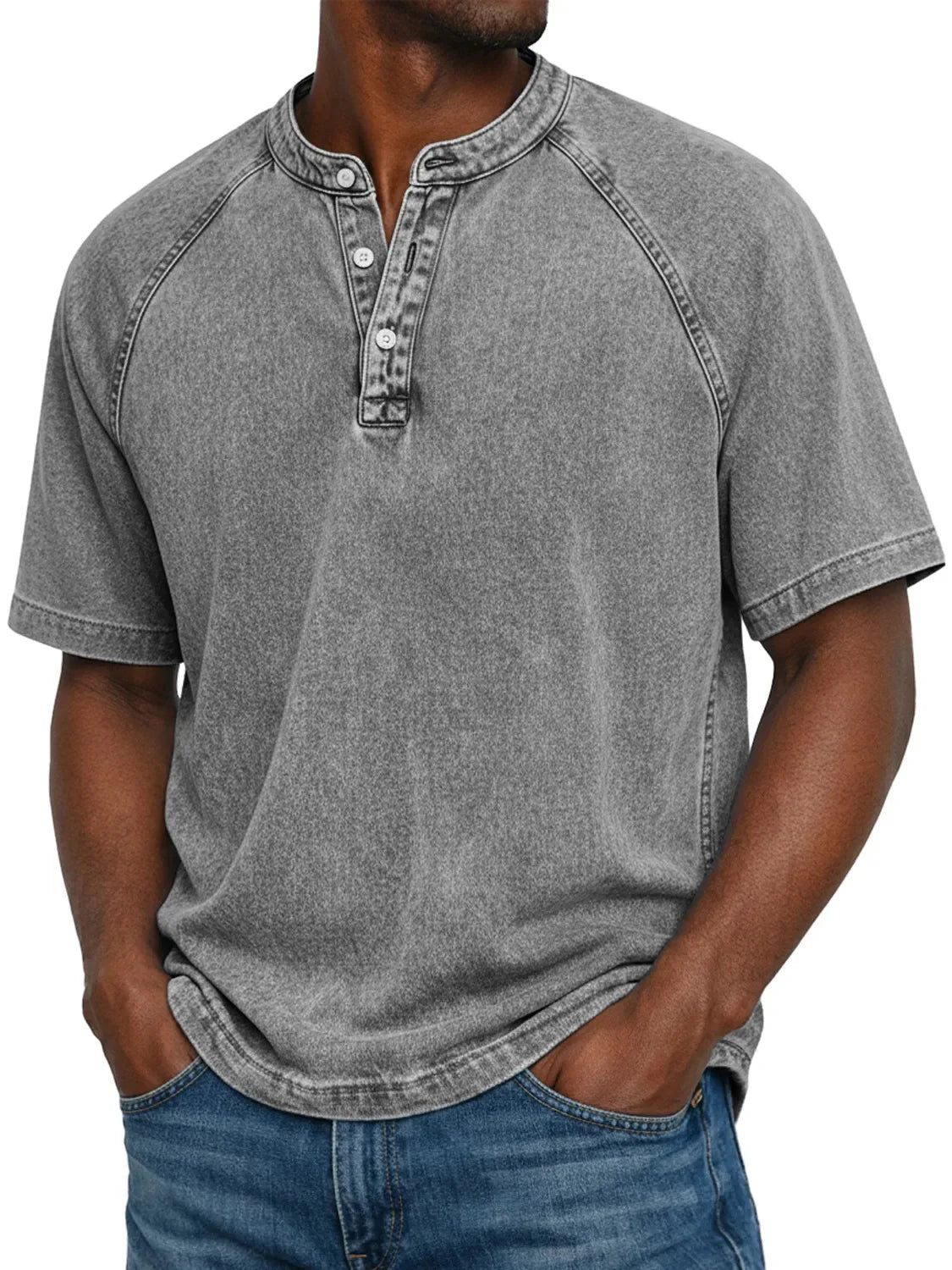 Washed Henley T-Shirt with Raglan Sleeves