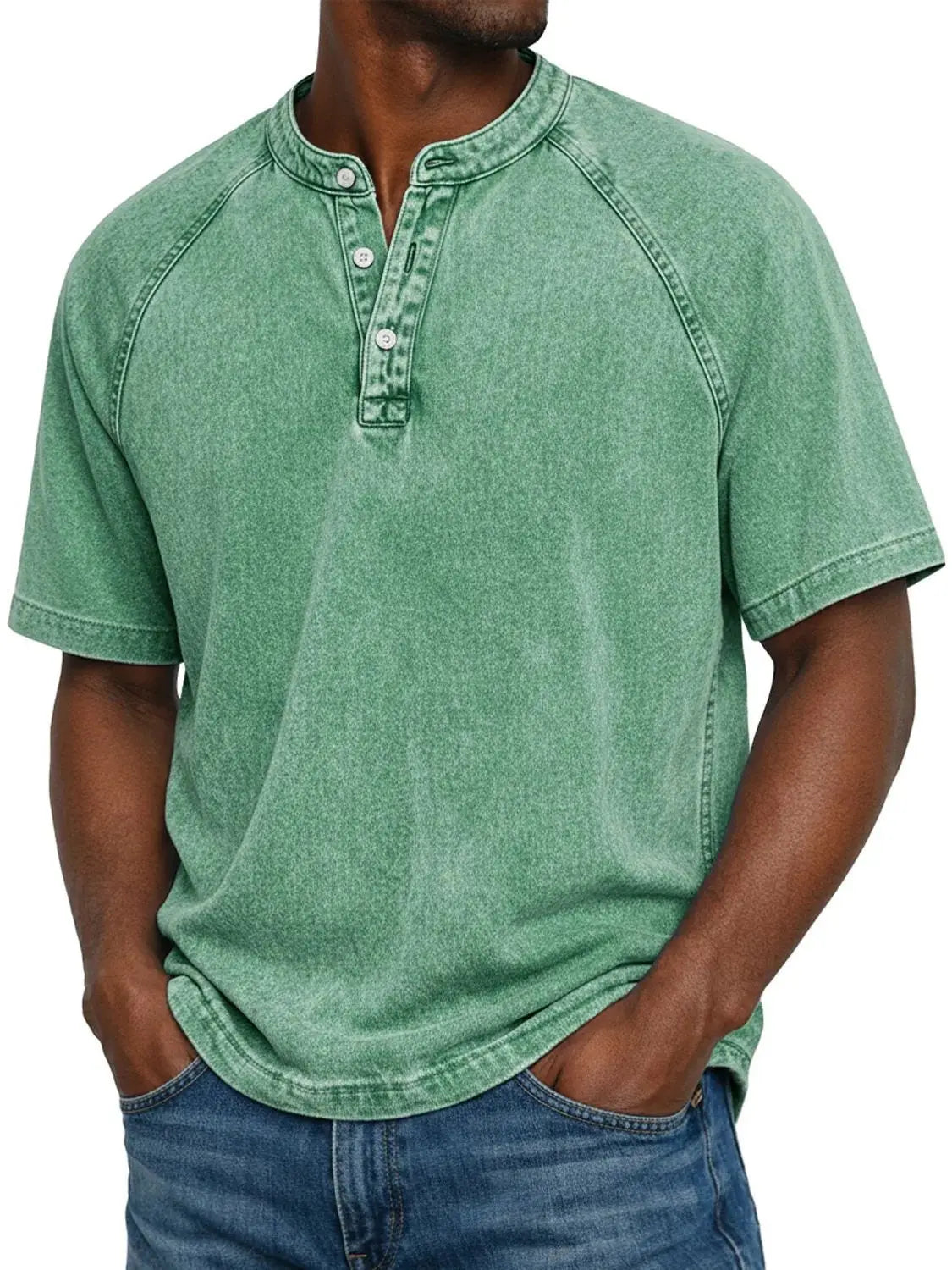 Washed Henley T-Shirt with Raglan Sleeves