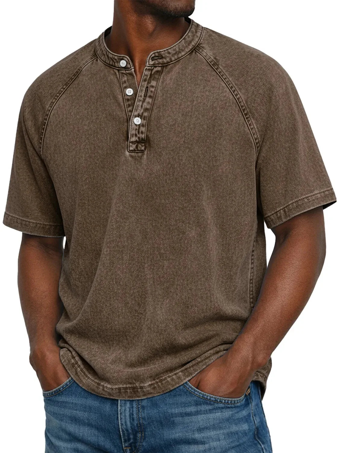 Washed Henley T-Shirt with Raglan Sleeves