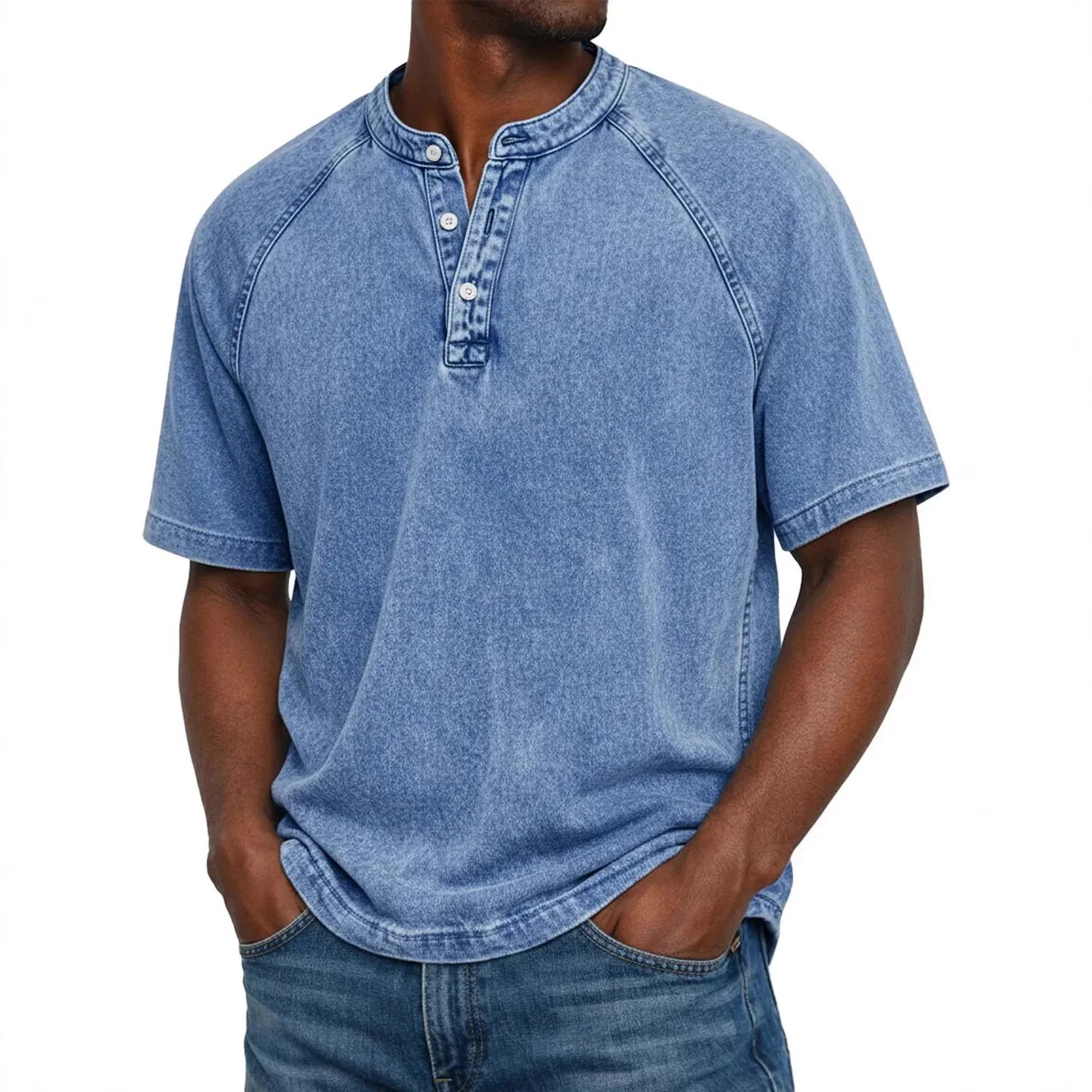 Washed Henley T-Shirt with Raglan Sleeves