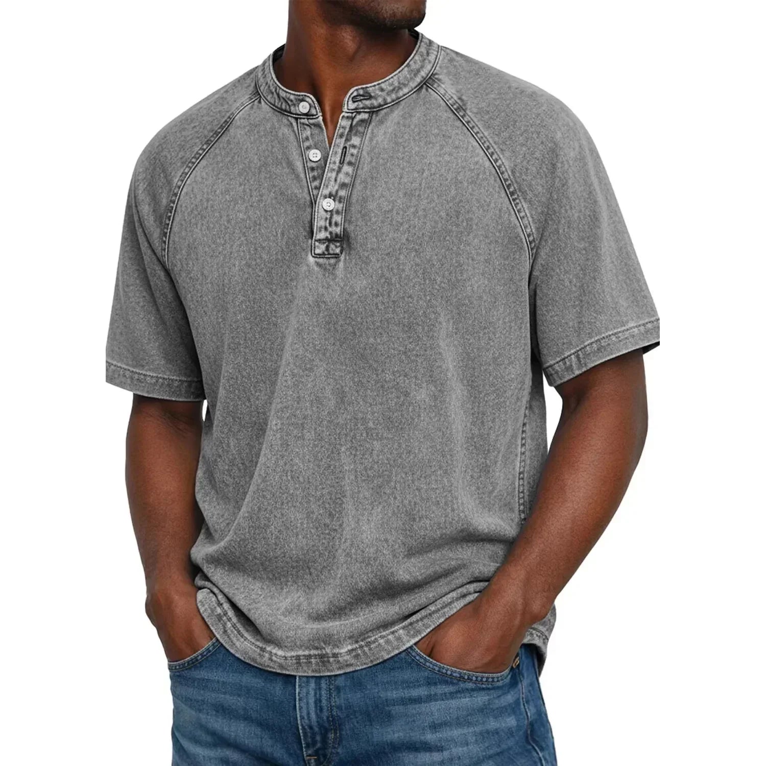 Washed Henley T-Shirt with Raglan Sleeves